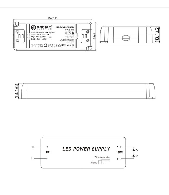 Cobalt Premium Led Strip voeding 12V/75W/6,25A, Max: 60w, Afm:160x58x18 mm, 3 Jaar Garantie