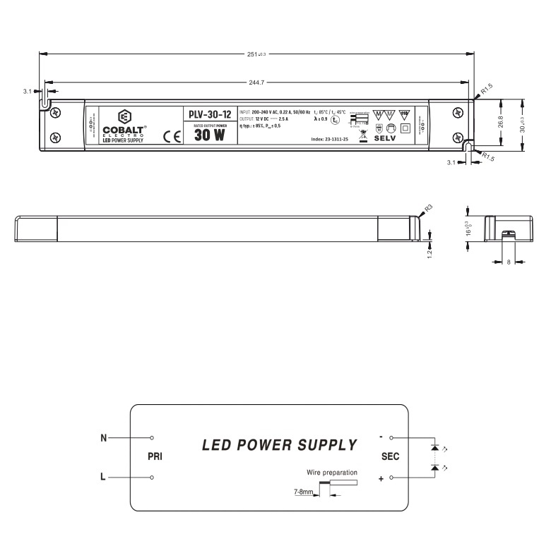 Cobalt LongSlim Premium Led Strip voeding 12V/30W/2,5A, Max: 24w, Afm:251x30x16 mm, 3 Jaar Garantie, foto 4 van 4