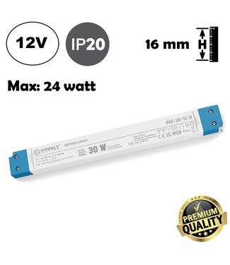 Cobalt LongSlim Premium Led Strip voeding 12V/30W/2,5A, Max: 24w, Afm:251x30x16 mm, 3 Jaar Garantie