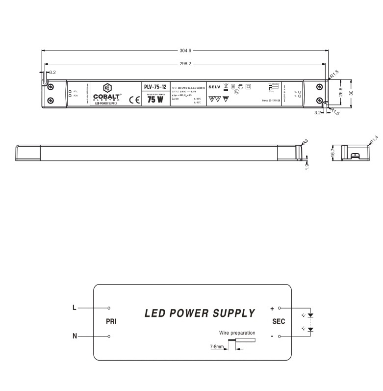 Cobalt LongSlim Premium Led Strip voeding 12V/75W/6,25A, Max: 60w, Afm:304,6x30x16,7 mm, 3 Jaar Garantie, foto 2 van 5