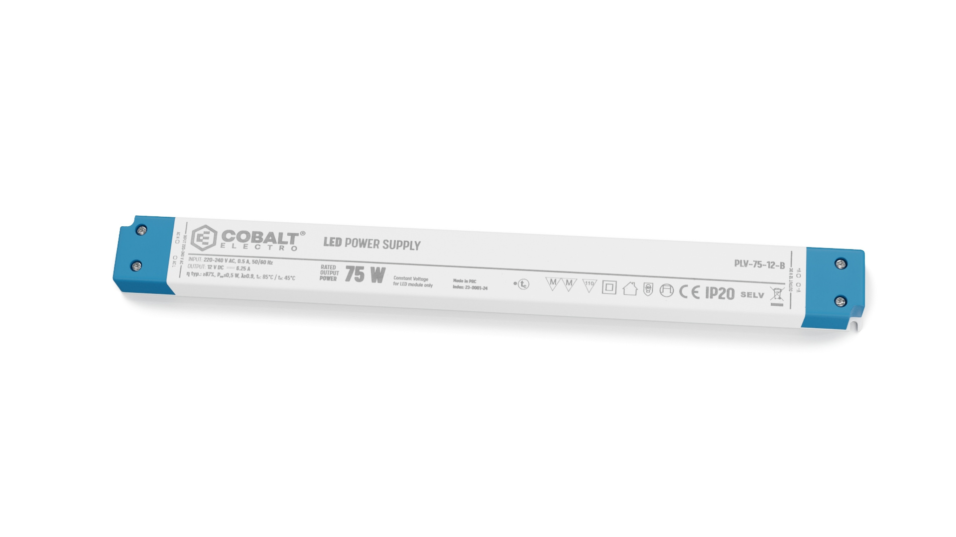 Cobalt LongSlim Premium Led Strip voeding 12V/75W/6,25A, Max: 60w, Afm:304,6x30x16,7 mm, 3 Jaar Garantie, foto 5 van 5