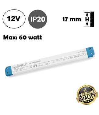 Cobalt LongSlim Premium Led Strip voeding 12V/75W/6,25A, Max: 60w, Afm:304,6x30x16,7 mm, 3 Jaar Garantie