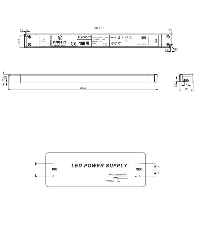 Cobalt LongSlim Premium Led Strip voeding 12V/100W/8,33A, Max: 80w, Afm:320,6x30x18,2 mm, 3 Jaar Garantie