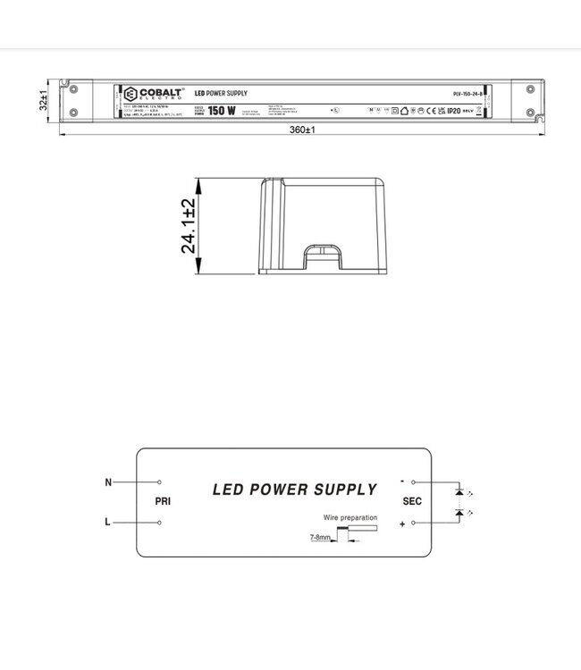 Cobalt LongSlim Premium Led Strip voeding 12V/150W/12,5A, Max: 120w, Afm:360x32x24 mm, 3 Jaar Garantie