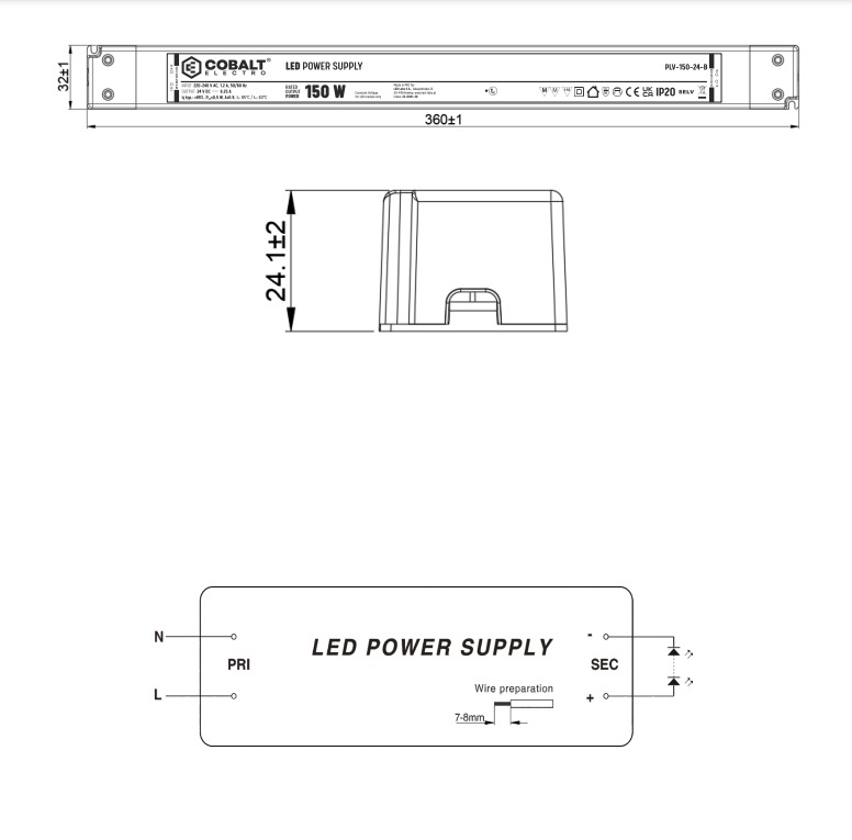 Cobalt LongSlim Premium Led Strip voeding 12V/150W/12,5A, Max: 120w, Afm:360x32x24 mm, 3 Jaar Garantie, foto 2 van 5