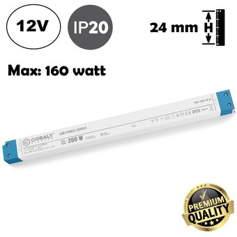 Cobalt LongSlim Premium Led Strip voeding 12V/200W/16,6A, Max: 160w, Afm:360x32x24 mm, 3 Jaar Garantie