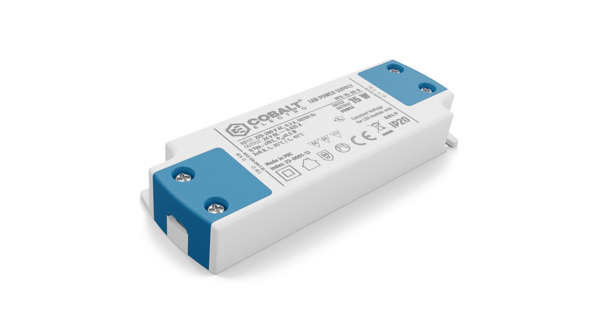Cobalt Premium Led Strip voeding 24V/15W/0,62A, Max: 12w, Afm:103x35.5x16mm, 3 Jaar Garantie, foto 2 van 5
