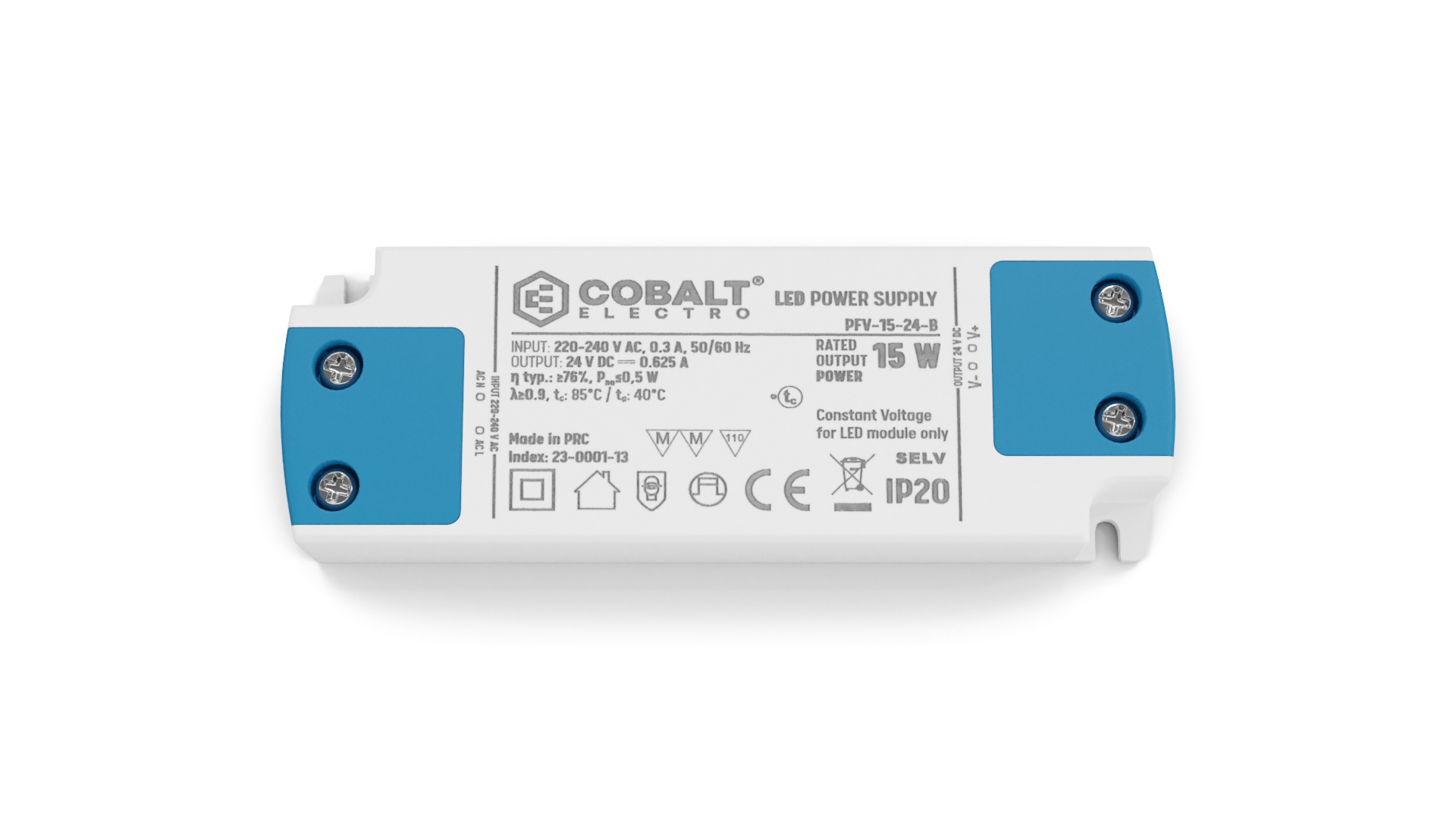 Cobalt Premium Led Strip voeding 24V/15W/0,62A, Max: 12w, Afm:103x35.5x16mm, 3 Jaar Garantie, foto 4 van 5