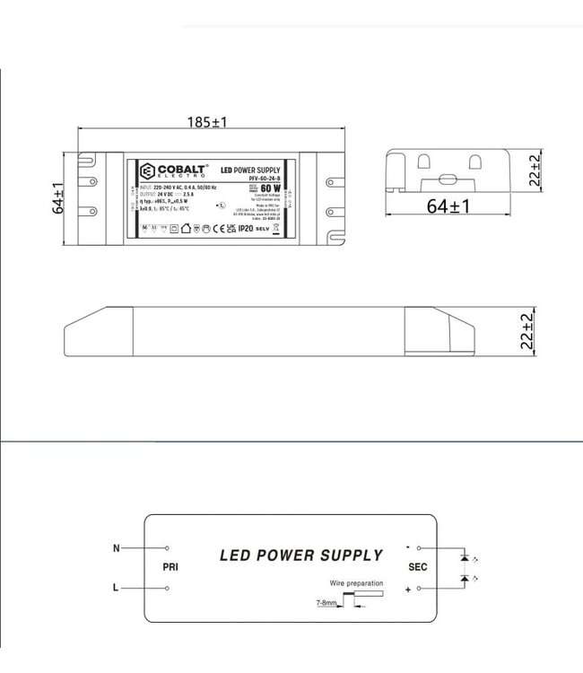 Cobalt Premium Led Strip voeding 24V/60W/2,5A, Max: 48w, Afm:185x64x22mm, 3 Jaar Garantie