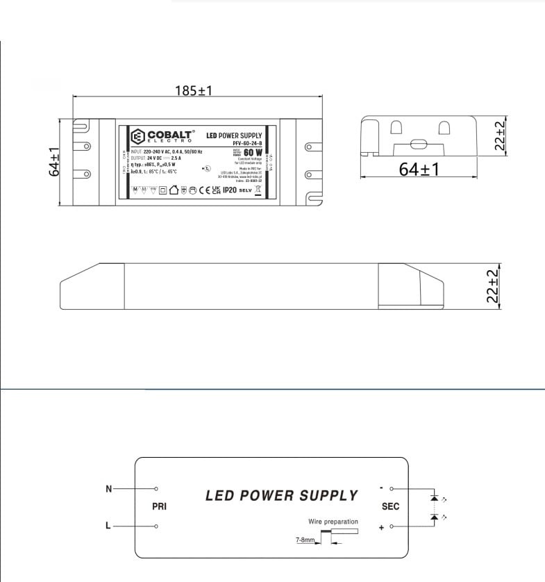 Cobalt Premium Led Strip voeding 24V/60W/2,5A, Max: 48w, Afm:185x64x22mm, 3 Jaar Garantie, foto 2 van 5