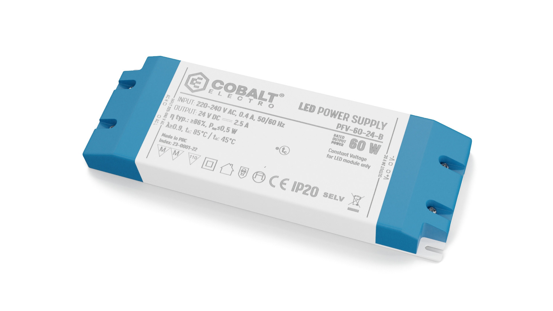 Cobalt Premium Led Strip voeding 24V/60W/2,5A, Max: 48w, Afm:185x64x22mm, 3 Jaar Garantie, foto 4 van 5