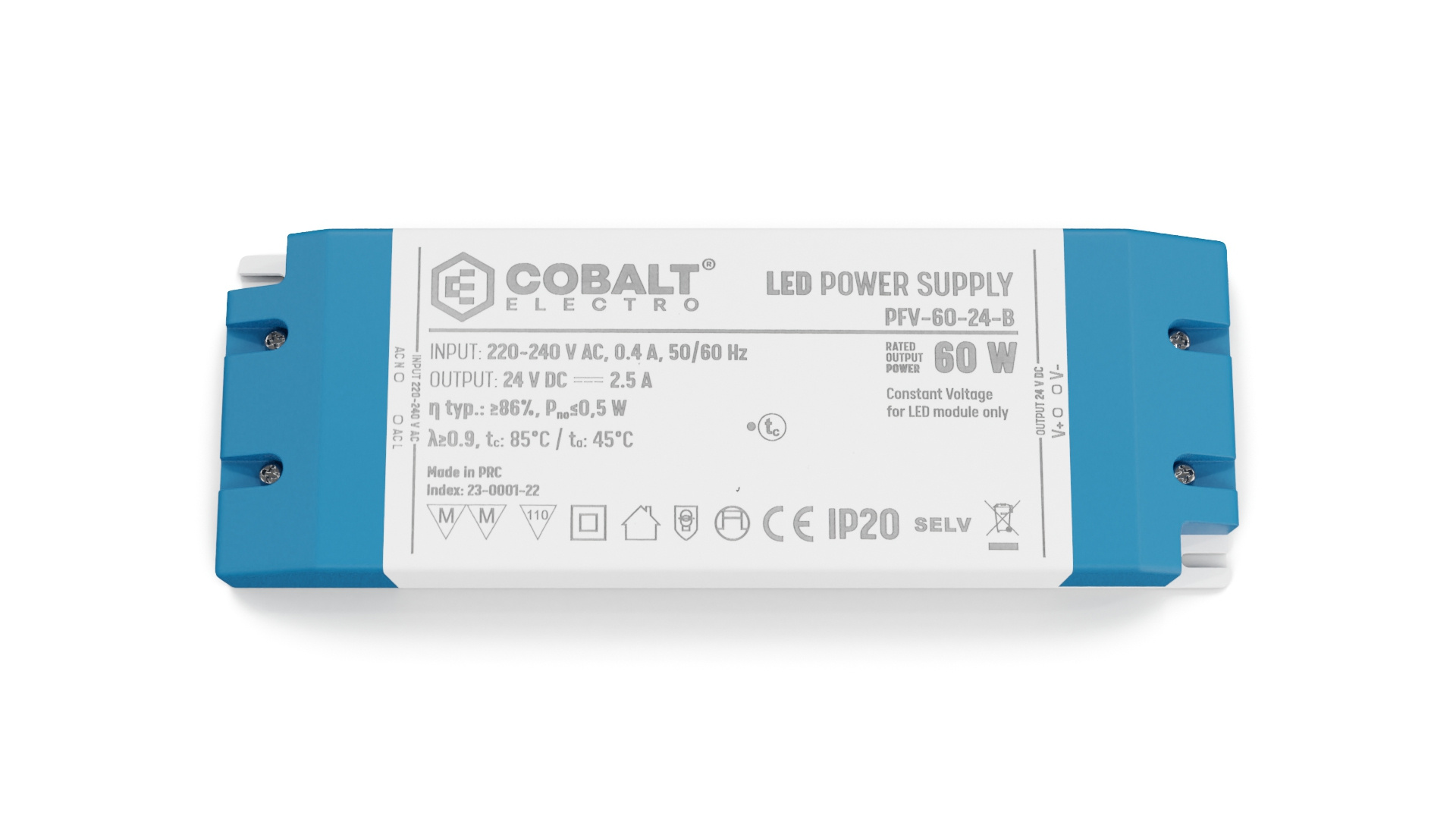 Cobalt Premium Led Strip voeding 24V/60W/2,5A, Max: 48w, Afm:185x64x22mm, 3 Jaar Garantie, foto 5 van 5