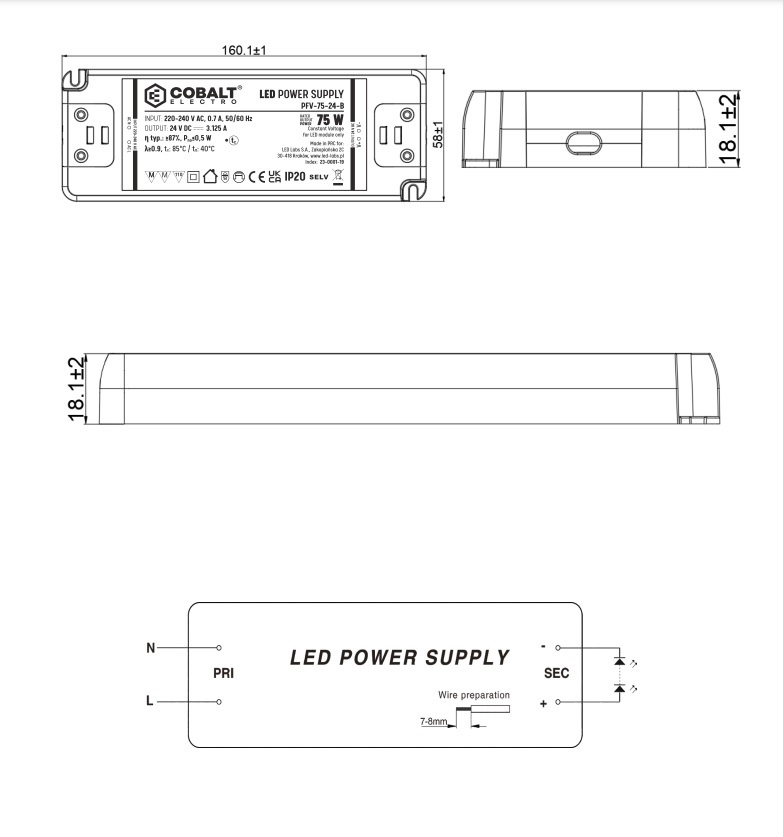 Cobalt Premium Led Strip voeding 24V/75W/3,12A, Max: 60w, Afm:160x58x18mm, 3 Jaar Garantie, foto 2 van 5