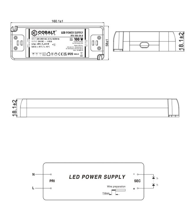 Cobalt Premium Led Strip voeding 24V/100W/4,16A, Max: 80w, Afm:160x58x18mm, 3 Jaar Garantie