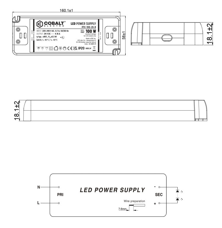Cobalt Premium Led Strip voeding 24V/100W/4,16A, Max: 80w, Afm:160x58x18mm, 3 Jaar Garantie, foto 2 van 5