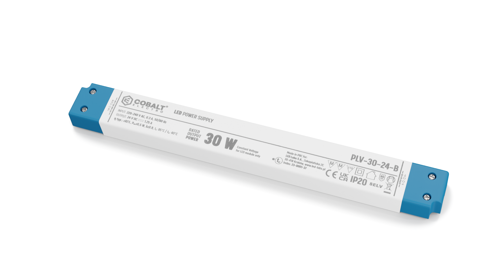Cobalt LongSlim Premium Led Strip voeding 24V/30W/1,25A, Max: 24w, Afm:251x30x16 mm, 3 Jaar Garantie, foto 4 van 5