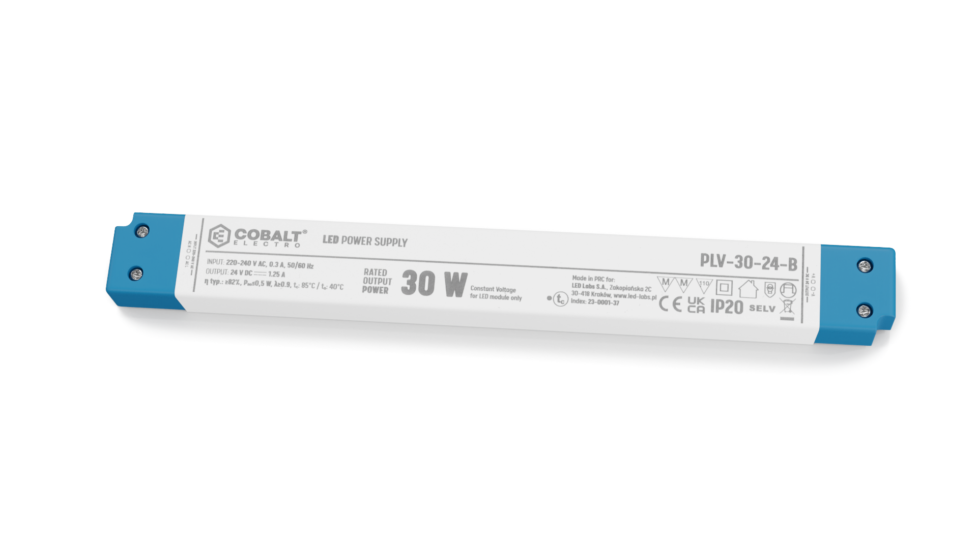 Cobalt LongSlim Premium Led Strip voeding 24V/30W/1,25A, Max: 24w, Afm:251x30x16 mm, 3 Jaar Garantie, foto 5 van 5