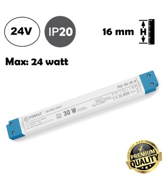Cobalt LongSlim Premium Led Strip voeding 24V/30W/1,25A, Max: 24w, Afm:251x30x16 mm, 3 Jaar Garantie