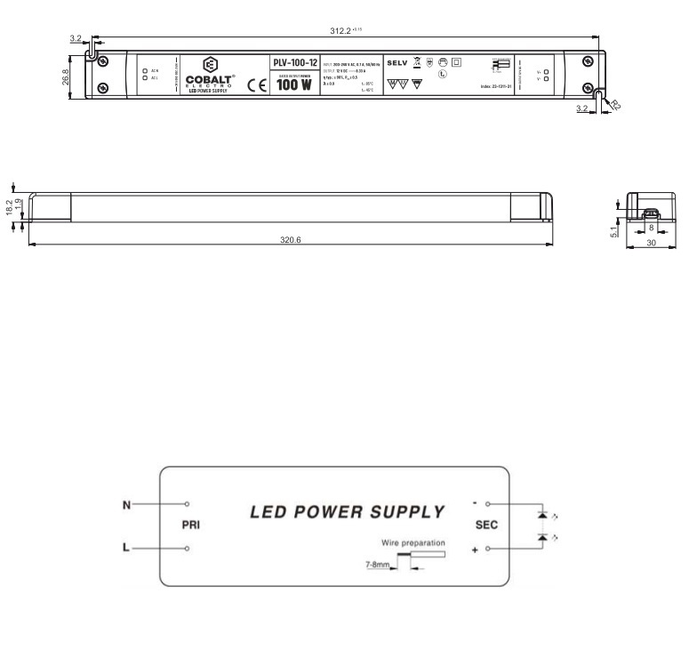 Cobalt LongSlim Premium Led Strip voeding 24V/100W/4,17A, Max: 80w, Afm:320x30x19 mm, 3 Jaar Garantie, foto 2 van 5
