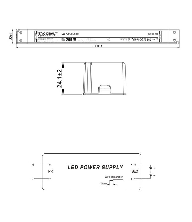 Cobalt LongSlim Premium Led Strip voeding 24V/200W/8,33A, Max: 160w, Afm:360x32x24 mm, 3 Jaar Garantie