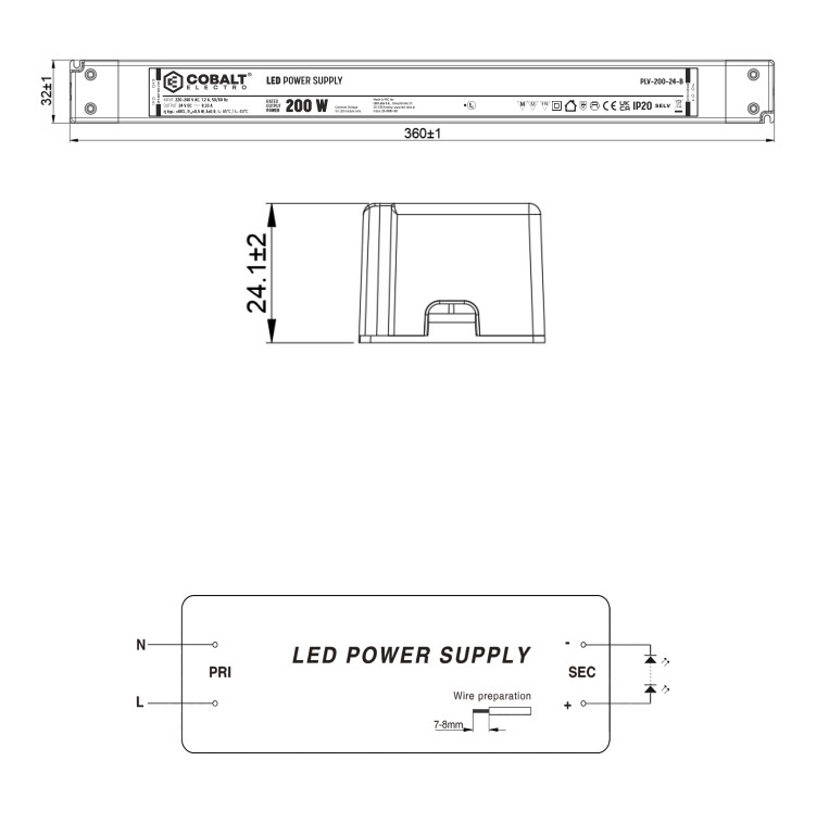 Cobalt LongSlim Premium Led Strip voeding 24V/200W/8,33A, Max: 160w, Afm:360x32x24 mm, 3 Jaar Garantie, foto 2 van 5
