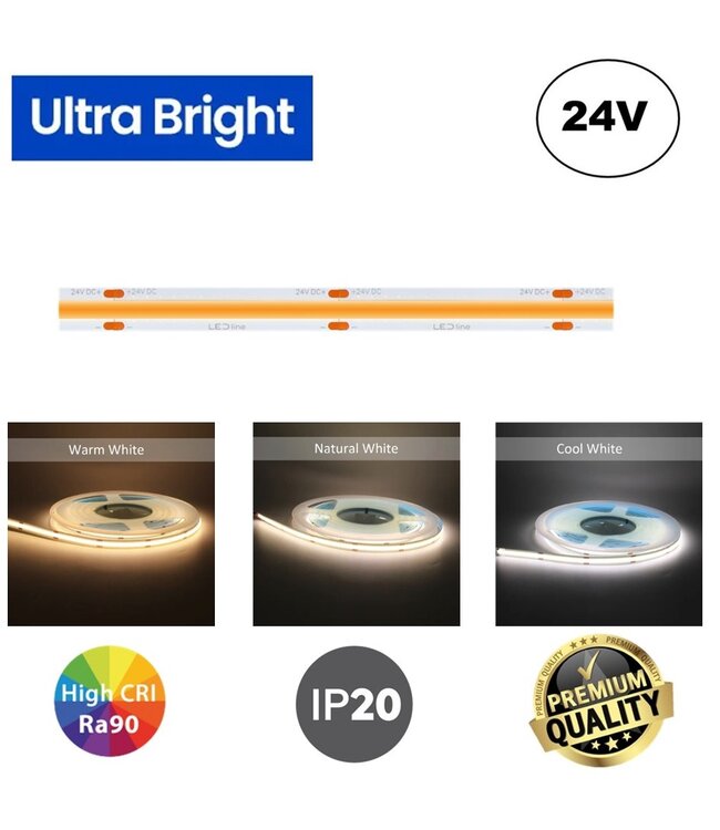 PRIME Ultra Bright Led Strip ROL 5 Meter COB, 18w/m, 480 led/m, 1440-1520Lm/m, CRI90, 24v, IP20, 10mm, 3 Jaar garantie