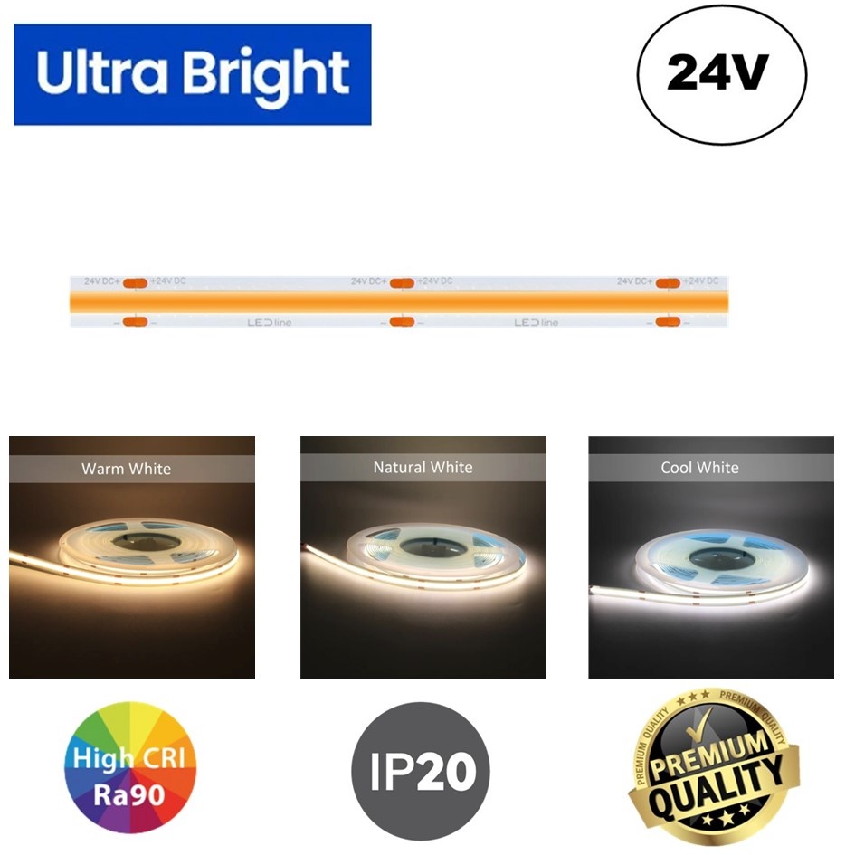 PRIME Ultra Bright Led Strip ROL 5 Meter COB, 18w/m, 480 led/m, 1440-1520Lm/m, CRI90, 24v, IP20, 10mm, 3 Jaar garantie, foto 2 van 6