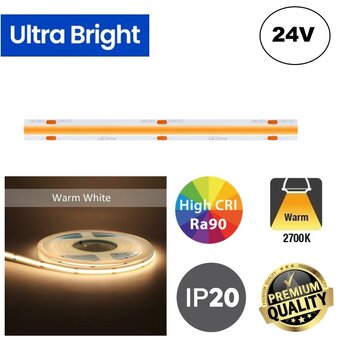 PRIME Ultra Bright Led Strip ROL 5 Meter COB, 18w/m, 480 led/m, 1440-1520Lm/m, CRI90, 24v, IP20, 10mm, 3 Jaar garantie