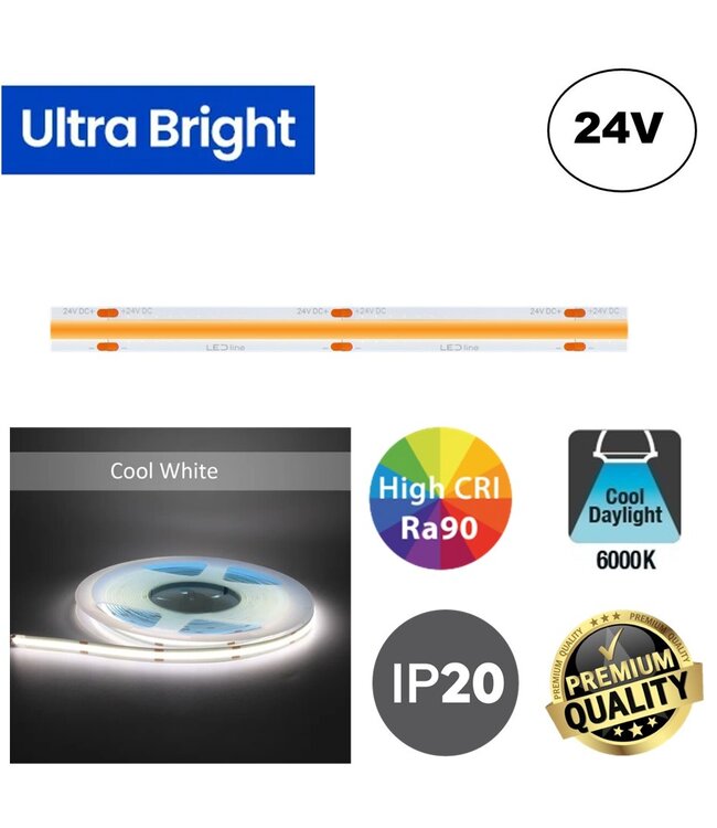 PRIME Ultra Bright Led Strip ROL 5 Meter COB, 18w/m, 480 led/m, 1440-1520Lm/m, CRI90, 24v, IP20, 10mm, 3 Jaar garantie