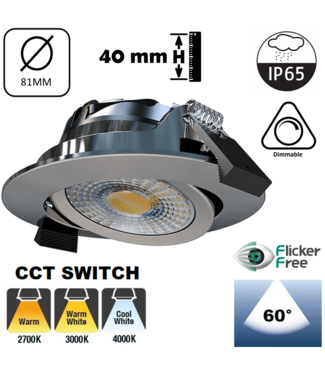 Inbouw LED Spot 6w Luxe, 600 Lumen, CCT Switch (2700K/3000K/4000K), Kantelbaar, IP65, Dimbaar, Staal Armatuur, Gatmaat 70mm, 3 Jaar Garantie