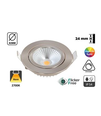 UITVERKOOP: Inbouw LED Spot 5w Flat, 450 Lumen, 2700K, Kantelbaar, IP44, Dimbaar, CRI90, Staal Armatuur, Gatmaat 72mm