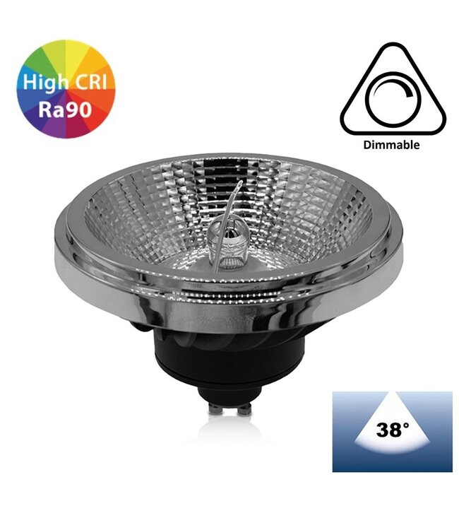 GU10 AR111 LED Spot 15w Zwart, 1050 Lumen, 38°,  CRI90, Dimbaar, 2 Jaar Garantie