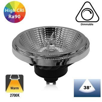 GU10 AR111 LED Spot 15w Zwart, 1050 Lumen, 38°,  CRI90, Dimbaar, 2 Jaar Garantie