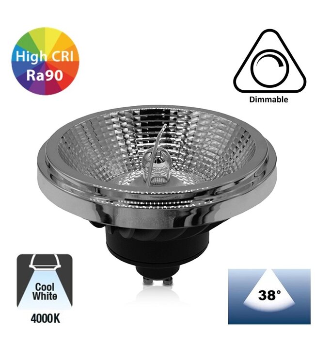 GU10 AR111 LED Spot 15w Zwart, 1050 Lumen, 38°,  CRI90, Dimbaar, 2 Jaar Garantie