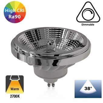 GU10 AR111 LED Spot 15w Wit, 1050 Lumen, 38°,  CRI90, Dimbaar, 2 Jaar Garantie