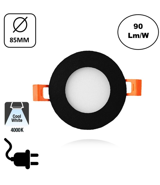 LED Downlighter Slim-U 3w, 270 Lumen, Zwart, Aluminium Body, Stekkerklaar, Gatmaat Φ75mm, 2 Jaar Garantie