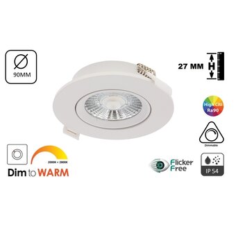 Inbouw LED Spot 6w Luxe-Flat, 450 Lumen, Dim To Warm, Kantelbaar, IP54, Dimbaar, CRI90, Wit Armatuur, Gatmaat 75mm, 2 Jaar Garantie