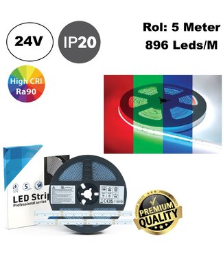 Premium Led Strip ROL 5 Meter COB, 16w/m, 896 led/m, RGB+ Neutraal Wit (4000K), CRI90, 24v, IP20, 12mm, 3 Jaar garantie