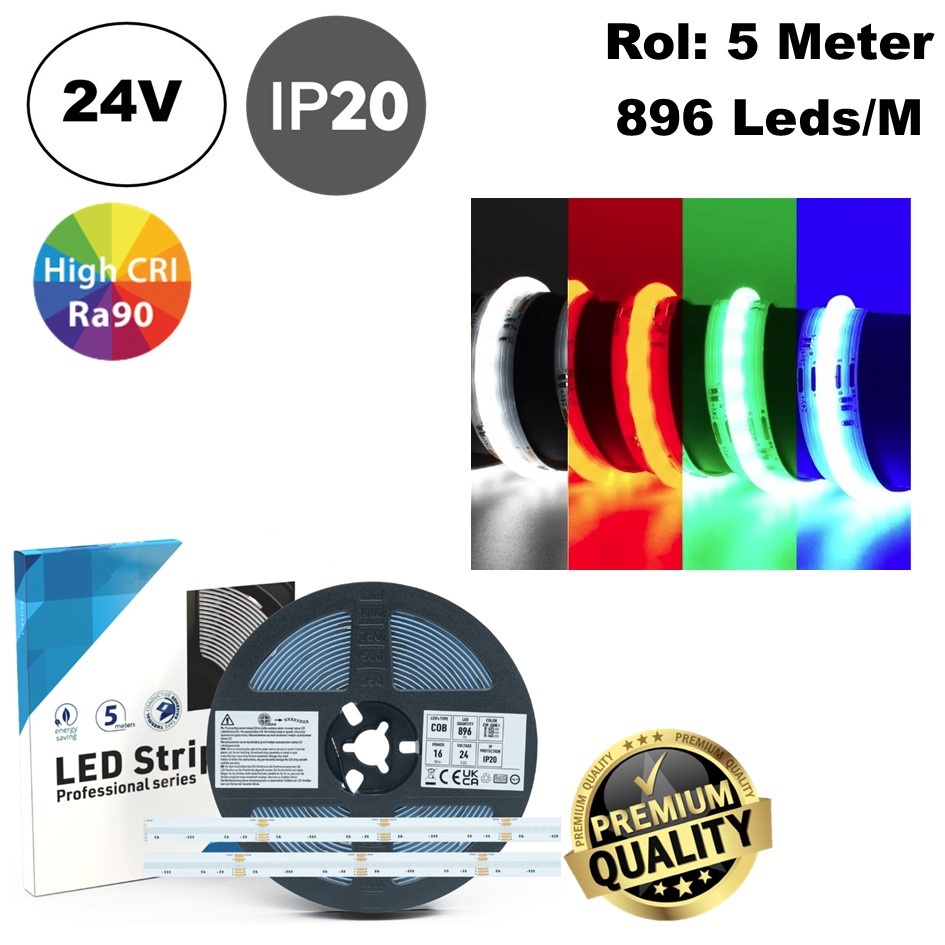 Premium Led Strip ROL 5 Meter COB, 16w/m, 896 led/m, RGB+ Daglicht Wit (6500K), CRI90, 24v, IP20, 12mm, 3 Jaar garantie