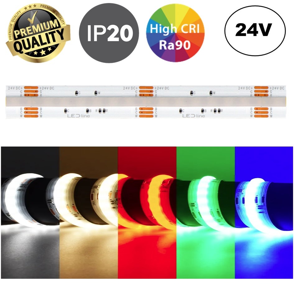 Premium Led Strip ROL 5 Meter COB, 16w/m, 840 led/m, RGB+CCT (2700K>6500K), CRI90, 24v, IP20, 12mm, 3 Jaar garantie