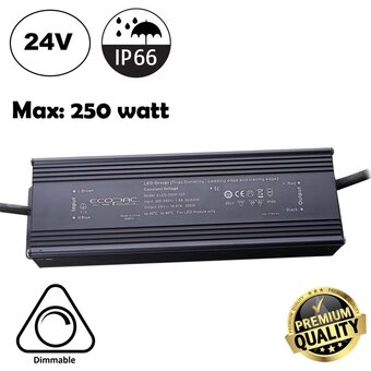 ECOPAC TRIAC Dimming Led Strip voeding 24V/300W/12,5A, Max: 250w, Dimbaar, IP66 Waterdicht, 2 Jaar Garantie