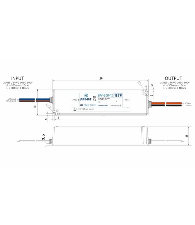 Cobalt Premium IP67 Waterproof Led Strip voeding 24V/200W/8,3A, Max: 160w, Afm:190x63x37 mm, 3 Jaar Garantie