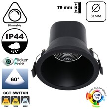 Verluxe Inbouw LED Spot Zwart 6w, 480Lm, IP44, CCT Switch (2700K/3000K/4000K), Dimbaar, UGR<16, CRI90, Gatmaat 68mm, 3 Jaar Garantie