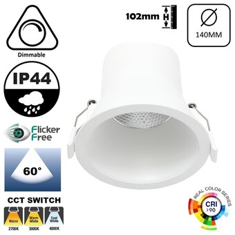 Verluxe Inbouw LED Spot Wit 12w, 900Lm, IP44, CCT Switch (2700K/3000K/4000K), Dimbaar, UGR<16, CRI90, Gatmaat 120mm, 3 Jaar Garantie