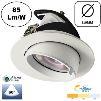 LED Banaanspot 15w, CCT (2700K/3000K/4000K), 1275 lm (85lm/w), Gatmaat 100mm, Wit, 3 Jaar Garantie