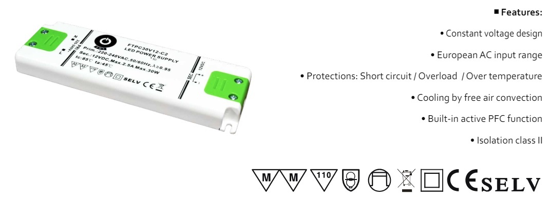 POS Premium Led Strip voeding 12V/30W/2,5A, Max: 24w, Afm:154 x50x14mm, 3 Jaar Garantie, foto 2 van 4