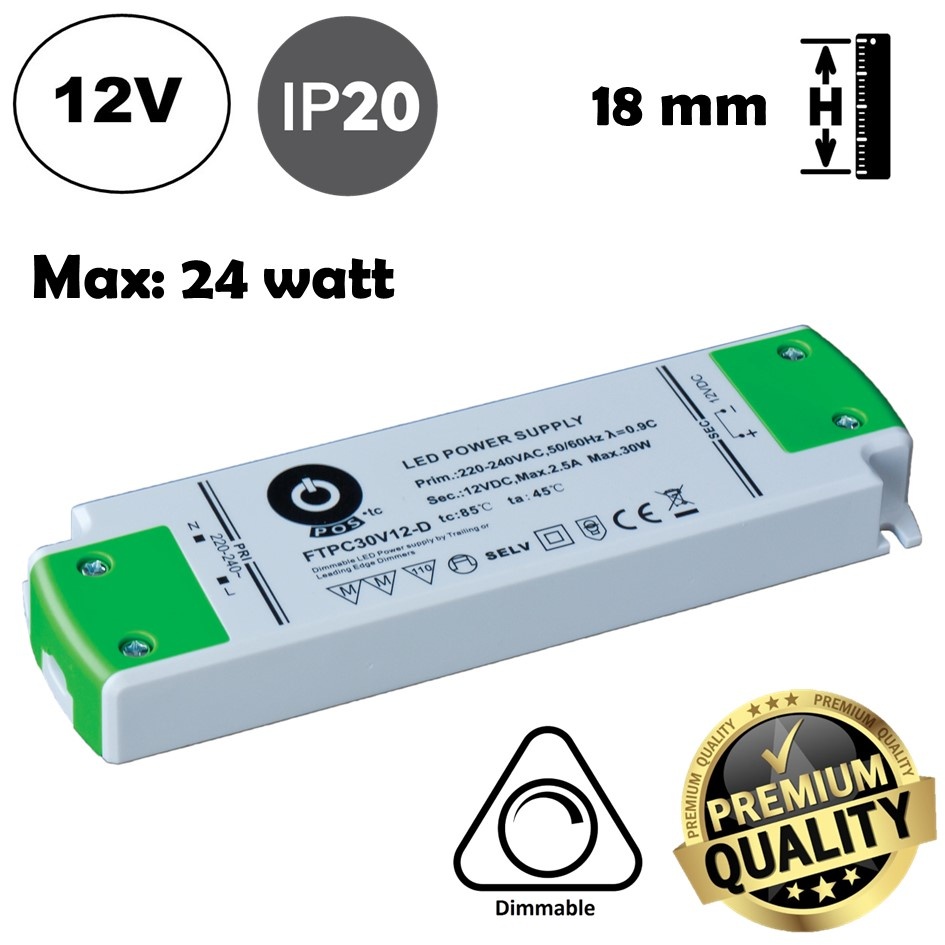POS TRIAC Dimming Led Strip voeding 12V/30W/2,5A, Max: 26w, Dimbaar, Afm:159x46x18mm, 3 Jaar Garantie
