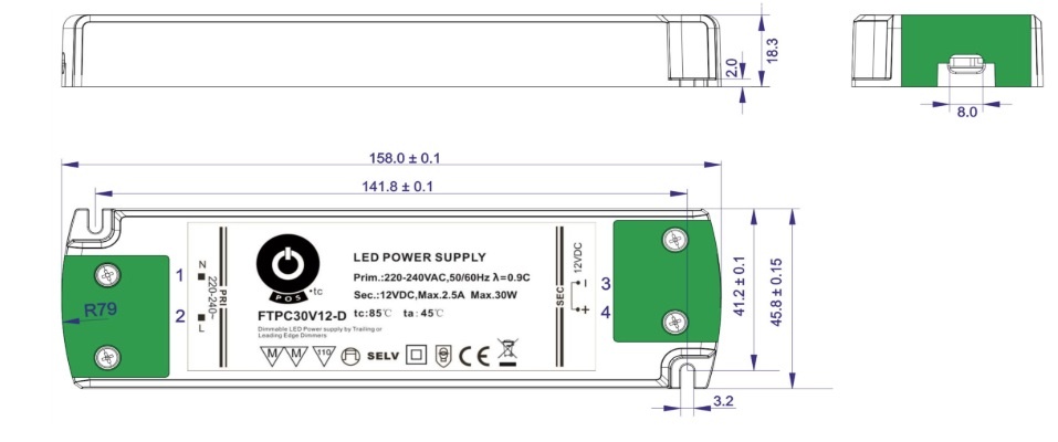 POS TRIAC Dimming Led Strip voeding 12V/30W/2,5A, Max: 26w, Dimbaar, Afm:159x46x18mm, 3 Jaar Garantie, foto 4 van 4