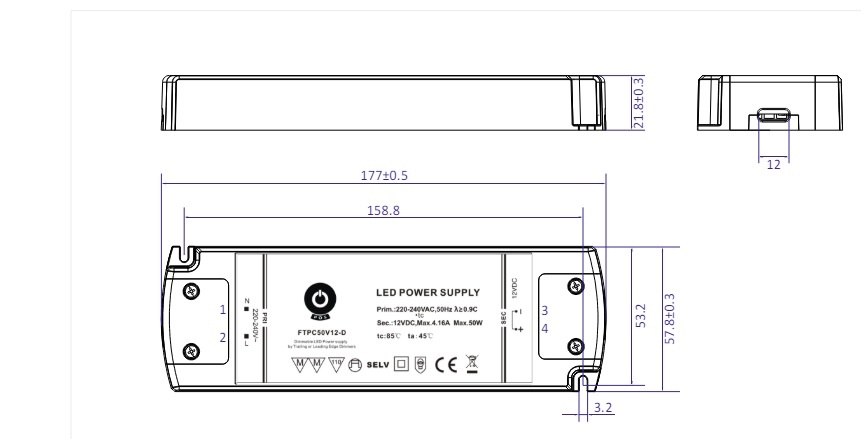 POS TRIAC Dimming Led Strip voeding 12V/50W/4,17A, Max: 40w, Dimbaar, Afm:177x58x22mm, 3 Jaar Garantie, foto 2 van 3