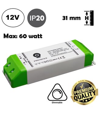 POS TRIAC Dimming Led Strip voeding 12V/75W/6,25A, Max: 60w, Dimbaar, Afm:170x57x31mm, 3 Jaar Garantie